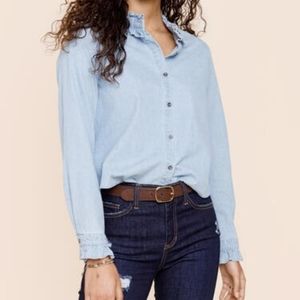 NWT S Francesca's Chambray Ruffle Shirt, Light Blue Button Down
